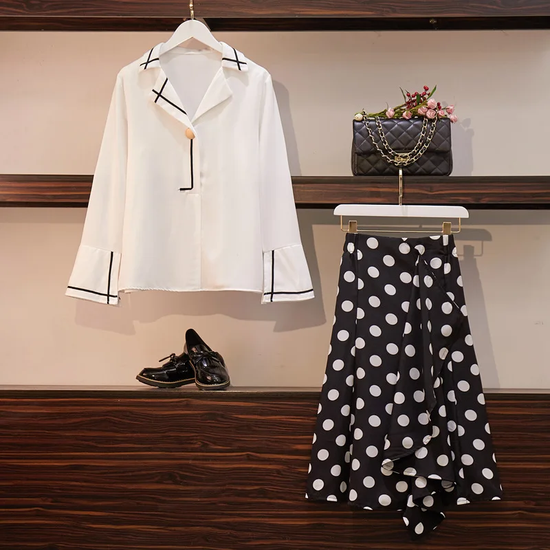 

Large Size Dress Fat Mm2019 Spring Clothing New Style Fashion Loose Bell Sleeve Tops And Polka Dot Skirt Two-Piece Set