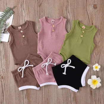 

2020 Baby Summer Clothing Infant Baby Girl Boy Clothes Sleeveless Bodysuit T-shirt+Shorts Pants Ribbed Solid Baby Boy Outfits