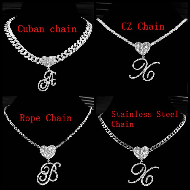 New A-Z Cursive Letter Heart Pendant Iced Out Cuban Necklace For Women Initial Zircon Link Chain Necklace Choker Hip hop Jewelry 6