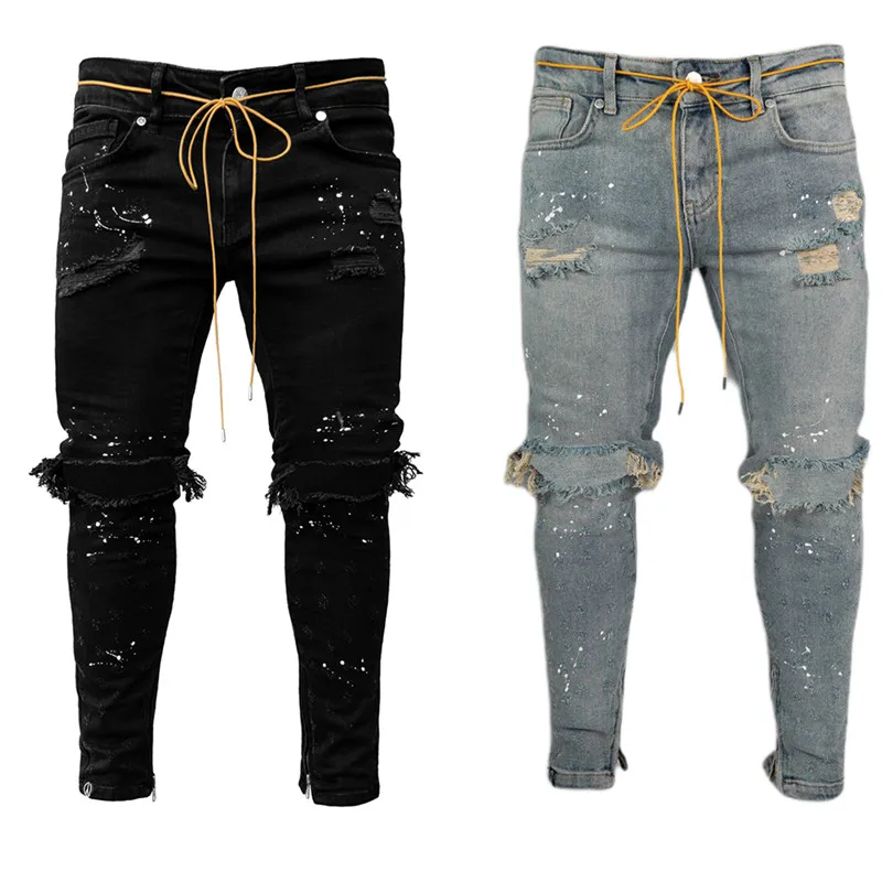 Pantalones vaqueros ceñidos largos góticos para hombre, pantalones vaqueros con agujeros desgastados ajustados rotos, ropa de calle informal, 2020