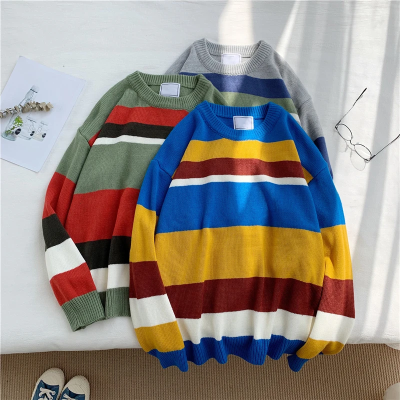 

Winter Striped Sweater Men Warm Fashion Contrast Color Casual Knit Pullover Man Streetwear Wild Loose Long-sleeved Sweater Male