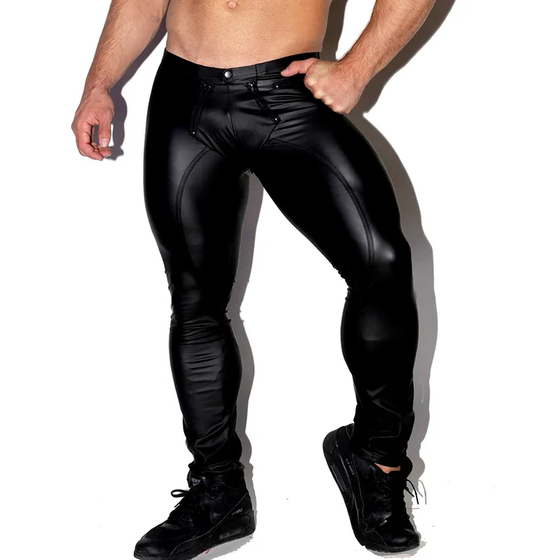 Men Trousers PU Leather Zipper Open Crotch Night Club Straps Trousers