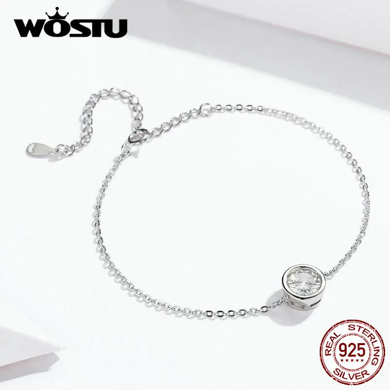WOSTU Настоящее 925 пробы серебряные оригинальные браслеты Круглый Циркон звено цепи для женщин свадебный браслет уникальные ювелирные изделия DXB157