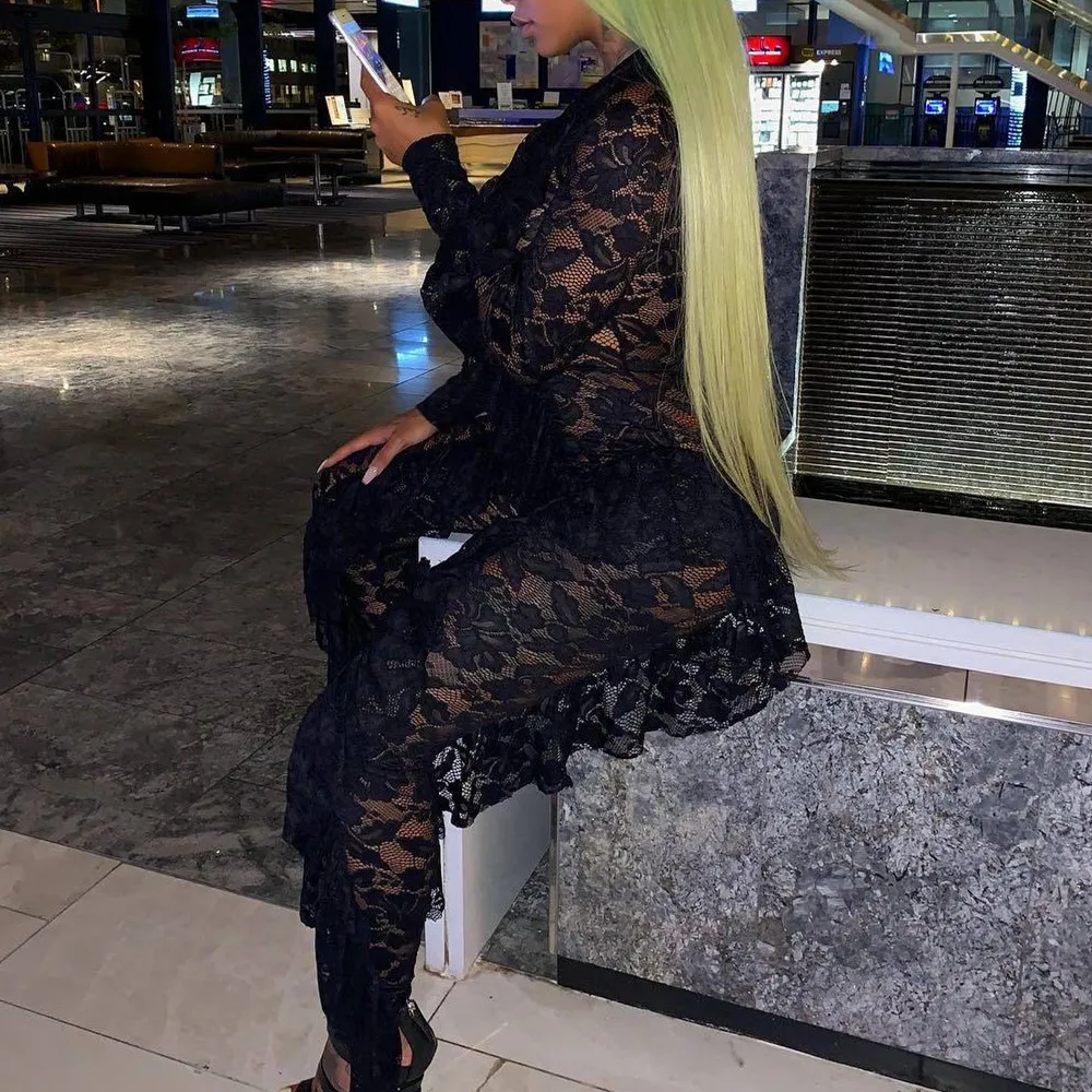 Sexy Black Long Sleeve Lace Jumpsuit Women See Through Ruffle Party One Piece Bodycon Jumpsuit Sexy Club Bodysuit Rompers