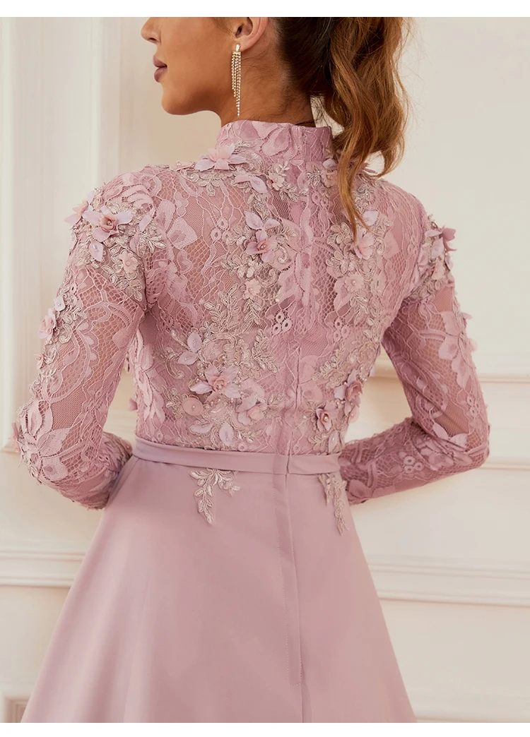 Long Sleeve Muslim Formal Dresses Pink Vintage High Neck Luxury Lace Appliques Spandex Satin Evening Dresses With Train