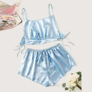 

Women Fashion Sleepwear Satin Silk Bowknot Camisole Shorts Set Sleepwear Pajamas Bandage Lingerie Sexy Sleepwear pyjama femme