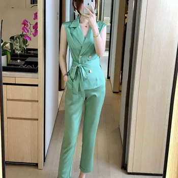 

Elegant Office Lady Two piece Outfits Summer Set for Women 2020 New Fashion Notched Collar Vest Top and Pants Suit Matching Sets