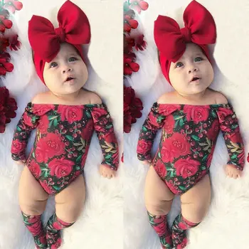 

3pcs Newborn Baby Girl Cloth Floral Flower Clothes Long Sleeve Romper Outfit + Socks Warmers+Headband Bow Sweet Cute Costume