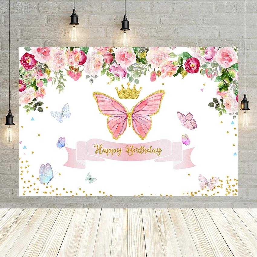 Fondos de mariposa para fotografía, flores rosas de primavera, corona  dorada, Princesa, fiesta de cumpleaños, estudio fotográfico|Fondo| -  AliExpress