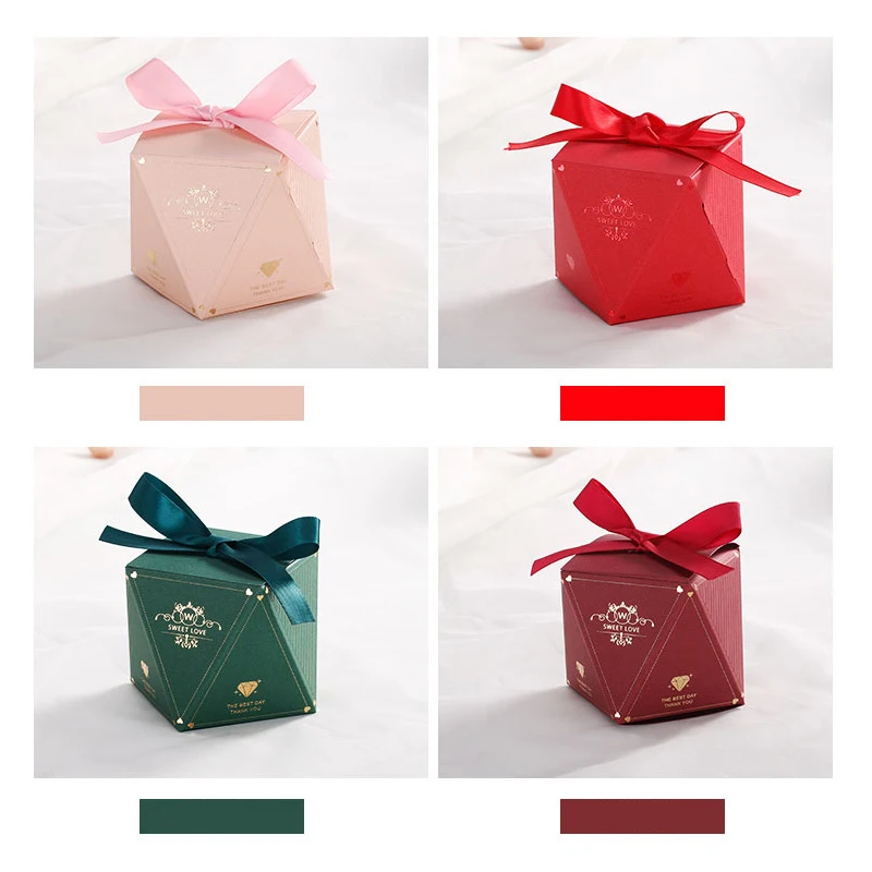 

New Diamond Craft Paper Candy Box With Ribbon Green/Pink/Red Cookies Packing Bag 20pcs/lot Diy Gift Packaging Boxes