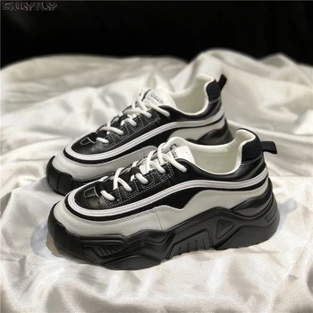 

SWYIVY Microfiber Casual Shoes Woman High Heel Sneakers For Women 2020 Spring Mixed Color Chunky Women Sneakers New Female Shoes