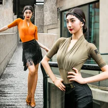 Топ для латинских танцев, женский купальник для танго, сальсы, бальных тренировок, для ча-самбы, румбы, современный танцевальный костюм, тонкая Одежда для танцев DF1688