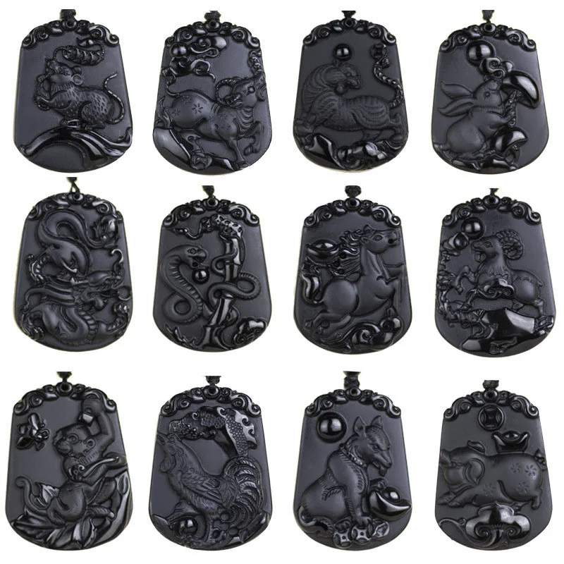 

Black A Obsidian Pendant Hand Carved Drop Shipping Lucky Amulet Chinese Zodiac Necklace With Chain For Men Women Gift