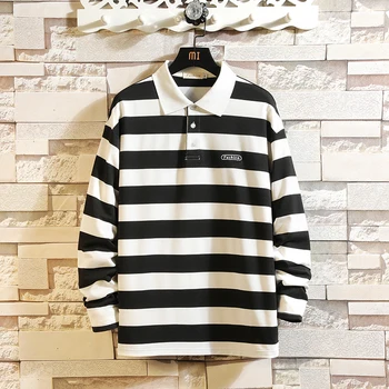 

Contrast Striped Polo Shirt Men 100% Cotton Long Sleeve Stretch Casual Tees Autumn Turn down Collar Pullovers Plus Size Tops