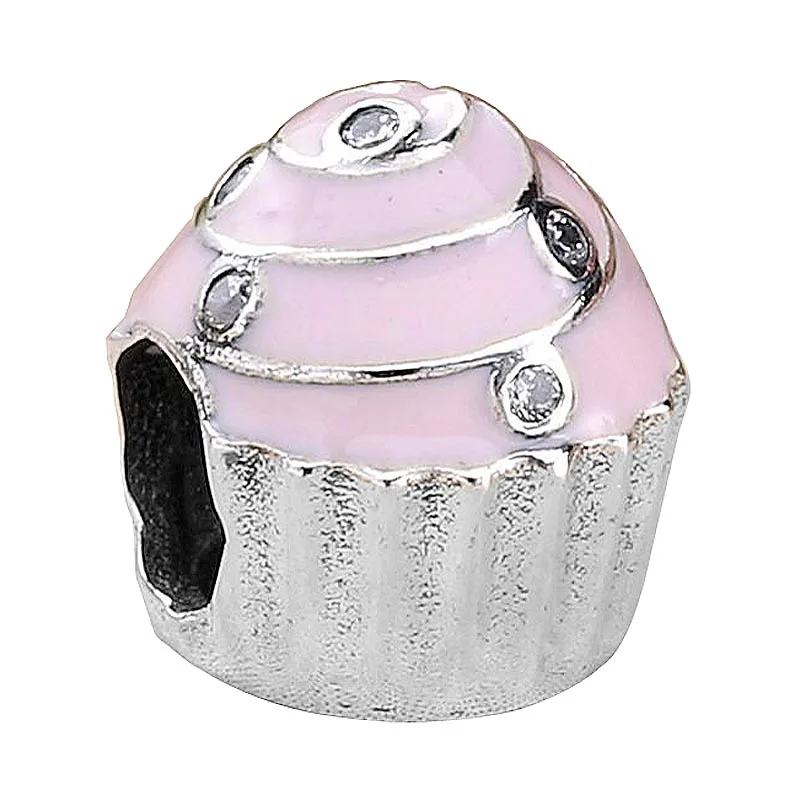 Аутентичные бусины из стерлингового серебра 925 очаровательные розовые эмалированные сладкие кексы с хрустальными бусинами подходят Пандора браслет ювелирные изделия