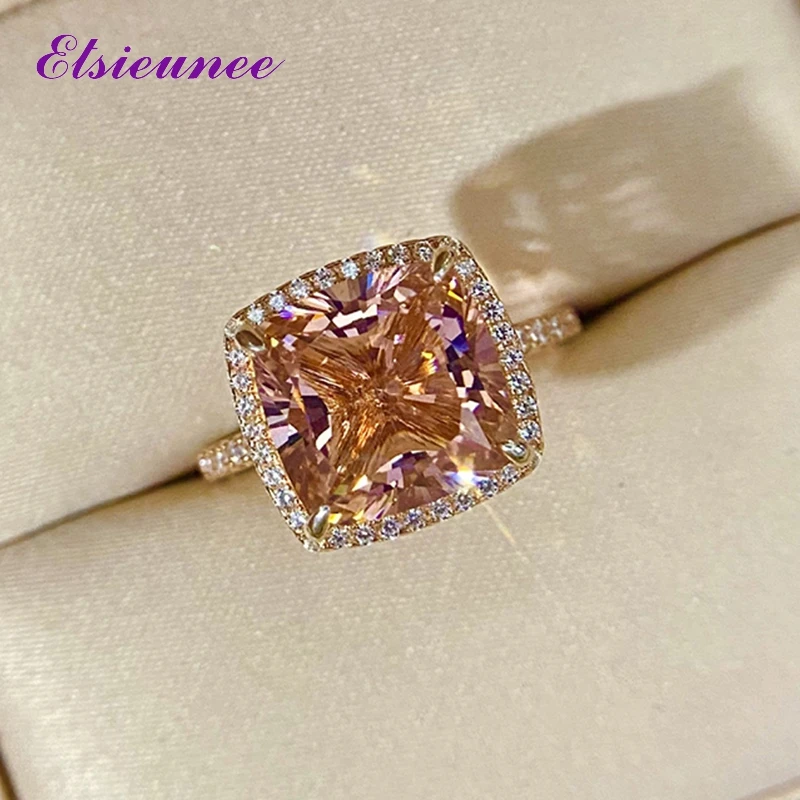 ELSIEUNEE 18K Rose Gold Color Morganite Diamond Rings For Women Solid 925 Sterling Silver Wedding Ring Fashion Fine Jewelry Gift