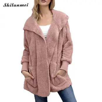 

2019 Furry Faux Fur Coat Women Plus Size Hooded Warm Coat Solid Female Loose Plush Jacket Pockets Long Fashion Fur Coat Female