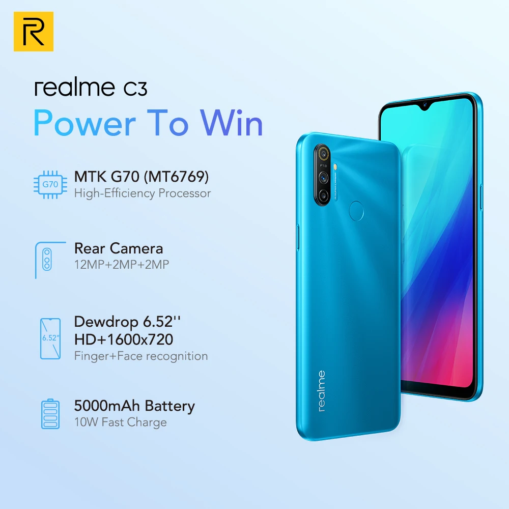 realme C3 Global Version 3GB RAM 32GB 64GB ROM Mobile Phone Helio G70 12MP AI Dual Camera 5000mAh Battery Mini-drop Fullscreen