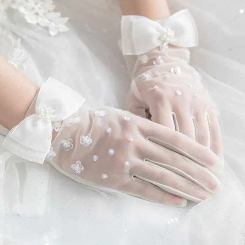 Lace Gloves Wedding Dress Gloves 1 Pair Princess Girls Elegant Short Gauze Artificial Pearl Mesh Gloves Bride Wedding Dress Accessories Photo Props