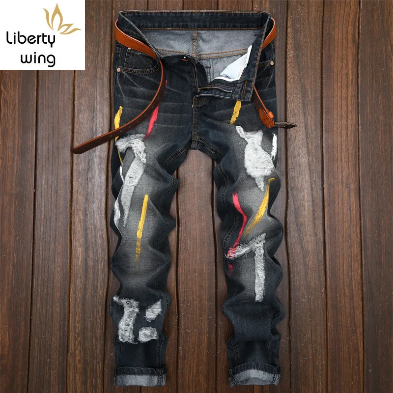 

High Quality Mens Jeans Colorful Printed Demin Pants Slim Fit Straight Casual Classic Hip Hop Trousers Ripped Streetwear