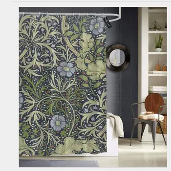 

morris seaweed pattern Shower Curtains with 12 Hooks,Durable Waterproof Fabric Bathroom Curtain 72" x 72"