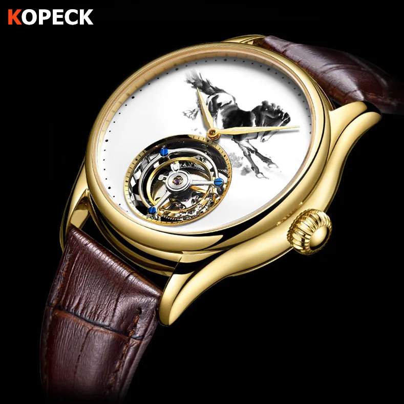

2019 Kopeck Real Tourbillon Watch Men Zodiac Horse Sapphire Crystal Mechanical Wristwatch Mens Tourbillon Chinese Brand Watches