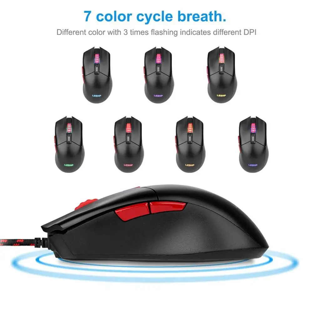 LESHP USB Проводная оптическая игровая мышь 3200 dpi регулируемая для Pro Gamer с 5 кнопками 7 цветов светодиодный фонарь