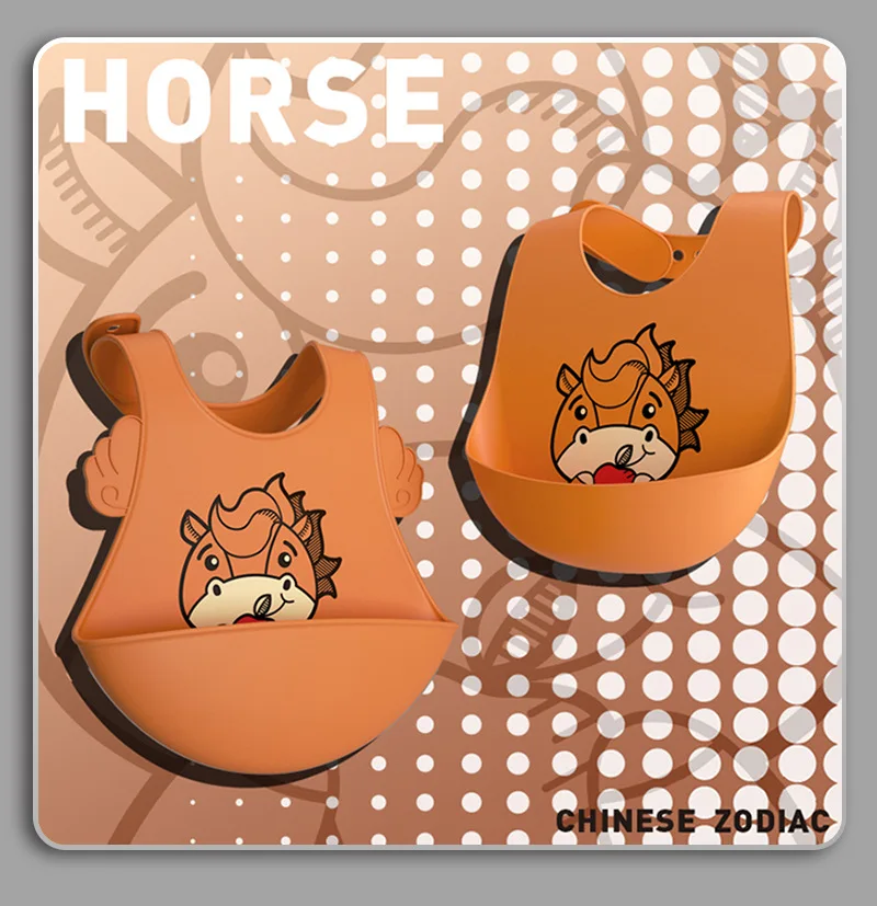 Djustable Baby Edible silicone Bibs Chinese Zodiac Auspicious Pattern Printed Bib For Dinner Oil-proof  Saliva 0-5Years Old Baby