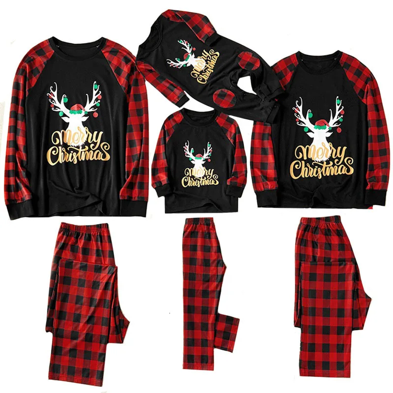 Рождественские пижамы для всей семьи; комплект модной одежды для всей семьи с принтом и круглым вырезом; одинаковые комплекты для семьи для папы и мамы - Цвет: red black