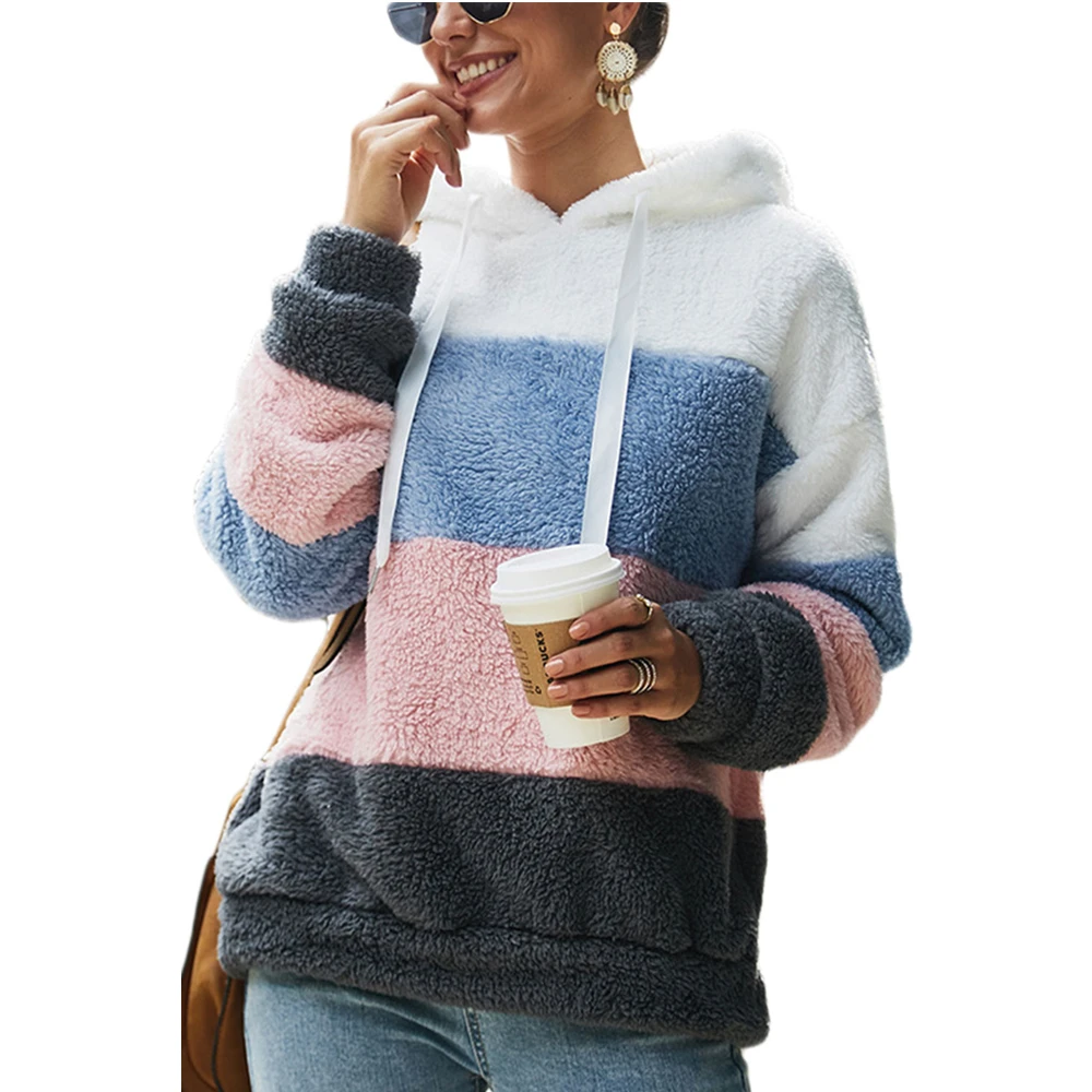 

Fleece Sweatshirt Hooded Women Fuzzy Drawstring Color Block Patchwork Long Sleeve Pullover Casual Winter Warm Thick Outwear