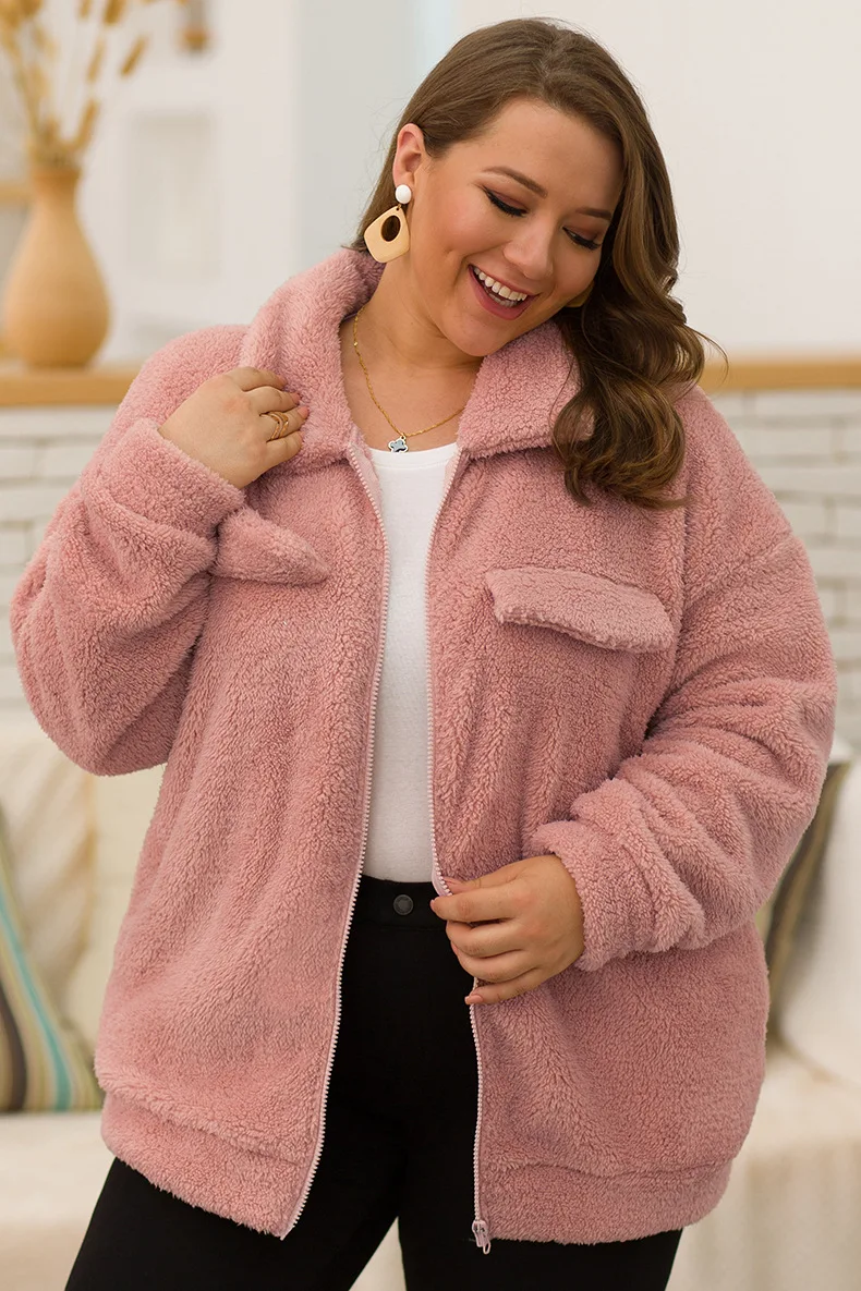 Теплое зимнее плюшевое пальто на молнии, женская модная уличная одежда, большие размеры, куртка из искусственного меха для женщин, розовая Повседневная Осенняя верхняя одежда