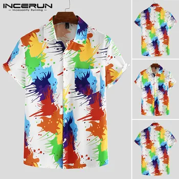 

Men Hawaiian Shirt Short Sleeve Tops Slim Lapel Colorful Printed Blouse Casual Summer Vacation Breathable Shirts Camisa INCERUN