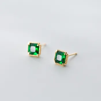 

925 Sterling Silver Small Green Cubic Zirconia Square Shape Gold Color Plated Ear Studs CZ Earrings Fine Jewelry for Women