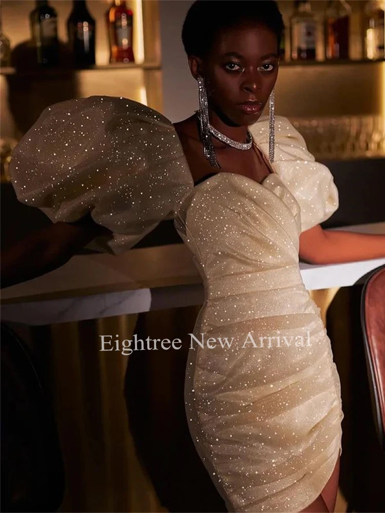 Eightree Champagne Glitr Short Mini Evening Dress Sweetheart Prom Dress Shiny Puff Sleeve Special Occasion Party Dress evening gowns for women
