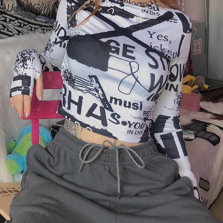 Weirdgirl женские футболки с принтом повседневные модные пуловеры с длинным рукавом и круглым вырезом укороченные топы облегающие Женские топы эластичные Осенние новые