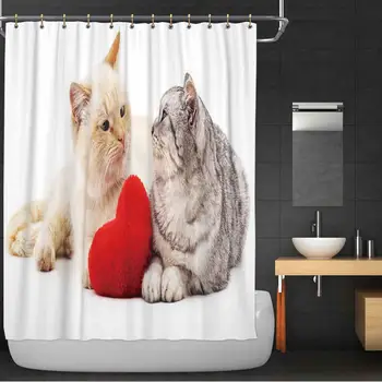 

Two Cats and red Heart Shower Curtain,128813 with Hooks,84''W x 72''H