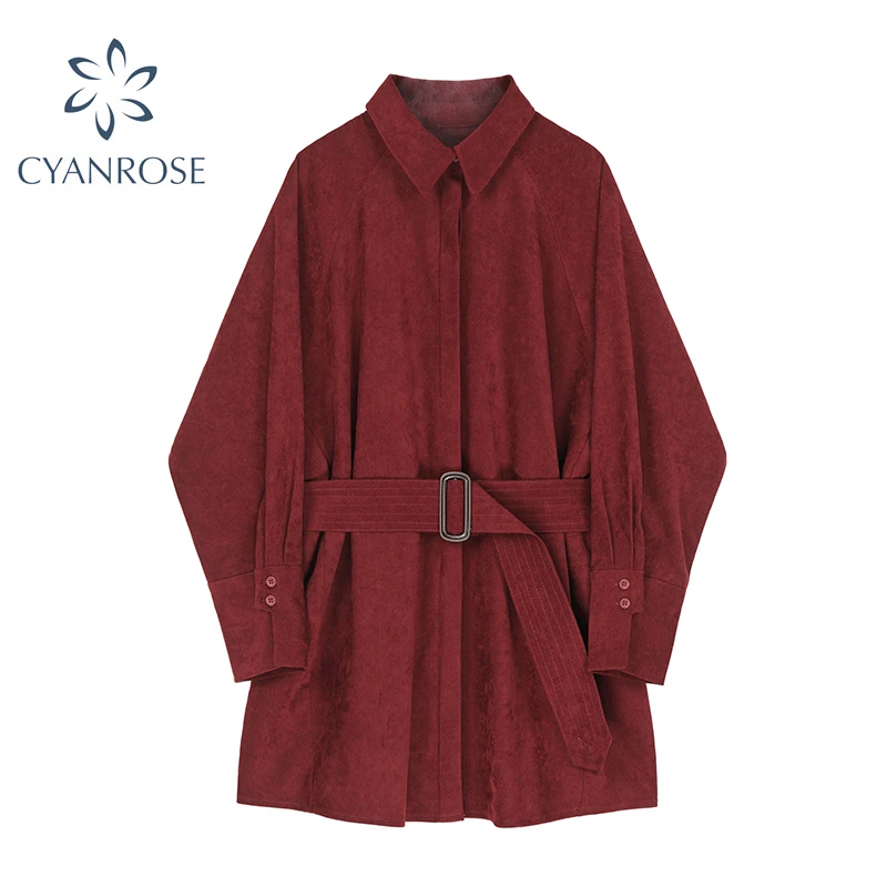 Women Shirt Long Blouse Turn-down Collar Loose Full Sleeve Office Ladies Work Wear Belt Casual Style For Coat |