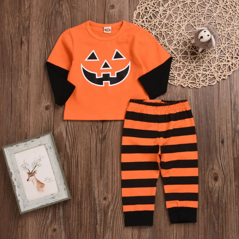 Halloween Baby Clothes Autumn and Winter Newborn Baby Boys Long Sleeve Pumpkin Blouse+Striped Pants Costumes 0-18M