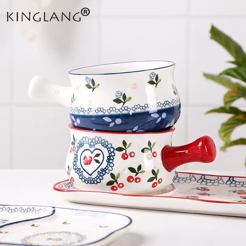Kinglang вишневая керамическая пузырьковая миска для лапши с тарелкой набор
