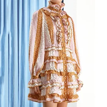 

Ailigou Fall 2020 Latest Fashion Designer Fashion Show Women's Long Sleeve Polka Dot Print Striped Ruffled Mini Dress