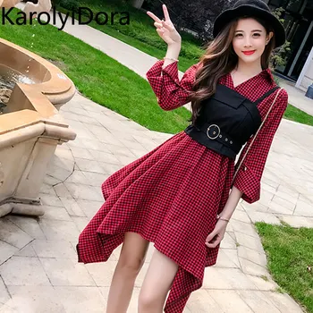 

Trytree Autumn two piece Set Women Casual Vest + Dress Plaid Flare Sleeve Suit Set Women Irregular Hem Office Lady 2 Piece Set