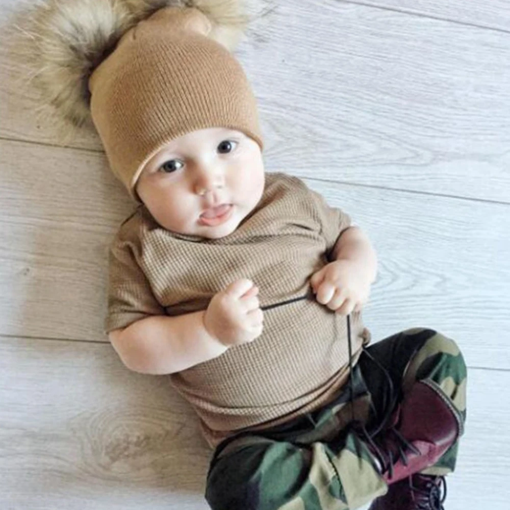 Baby Winter Warm Wool Knitted Beanie Hats Caps Kids Two Fur Pom pom Bobble Ball Beanies Girls Boys Children Hat Cotton Soft Cap 2
