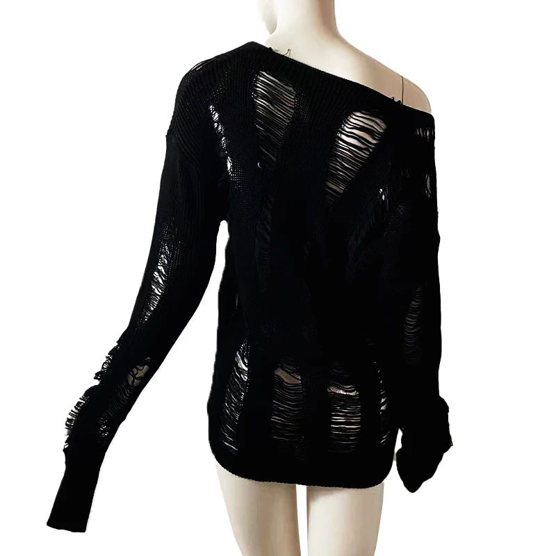 Black Gothic Lady Hollow Out Cool Pullover Sweater Autumn Women Dark Goth Split Hole Knit Sweaters Sexy See Through Pull Jumpers
