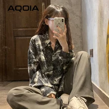  2022 Spring Streetwear Marble Printing Women Blouse Shirt Loose Button Up Long Women Shirts Y2K Fashion Oversize Female Clothing 