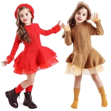 Knitted Long Sleeve Winter Dress for Girls 3 5 8 Years Children Christmas Clothes Kids Dresses For Girls New Year Party Costume