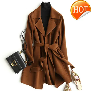 

Wool Coat 2020 Women Long Jacket Woolen Korean Coat Spring Autumn Womens Coats Brown Abrigos Mujer Elegante KQN37033-1 KJ2328