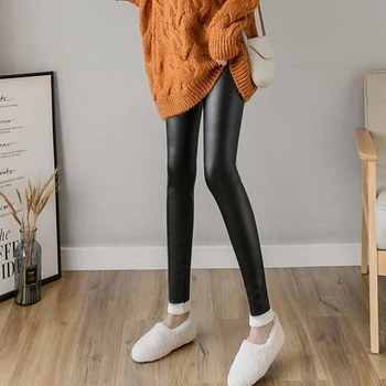 

Cashmere Thick Women Leggings PU Fleece Lined Warm Pants Winter Faux Leather Leggings 4XL Plus Size High Waist Good Stretch