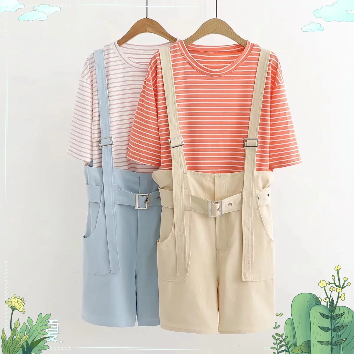 

Japanese-style Mori Girl Line 19 Summer New Style Fresh Simple Paper Casual Stripes Printed T-shirt Solid Color Suspender Pants