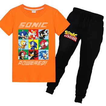 

Sonic The Hedgehog Kids Clothes Boys Cartoon Animal Print Children Short Sleeve Tshirts +Long Pants Kid Summer Boutique Clothing