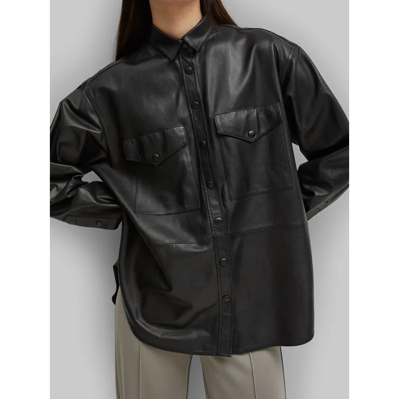 Женская мода Novella искусственная кожа рубашка черная пуговица воротник кнопка спереди нагрудные карманы неровный подол верхняя рубашка Топы